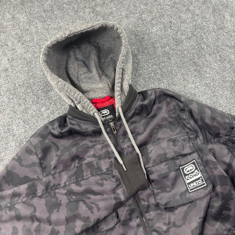 VTG Ecko Unltd Hooded Windbreaker Small Black Camo Full Zip Bomber Mens